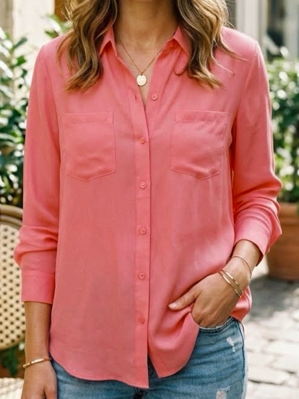 White House Black Market Button-Up Blouse Top Coral-Pink Two Pocket sz 12